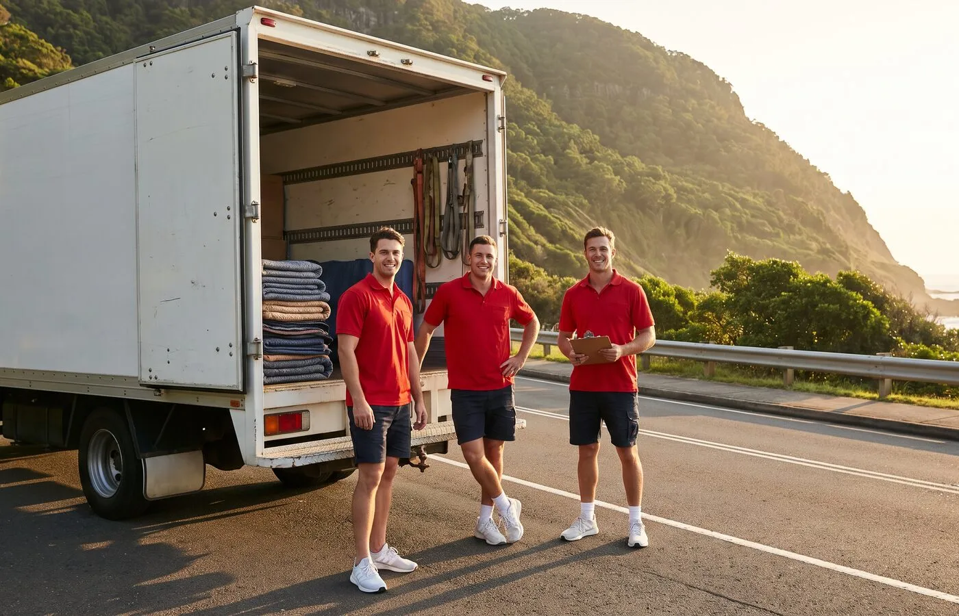A removalist crew in scarlet polos beside their truck with the escarpment behind
