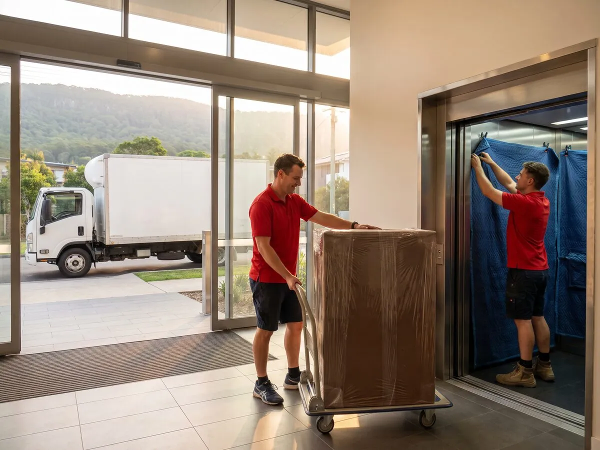 Movers protecting an apartment lobby with padded blankets before a move
