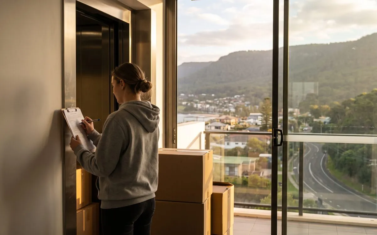 A resident checking a lift booking sheet in an apartment building