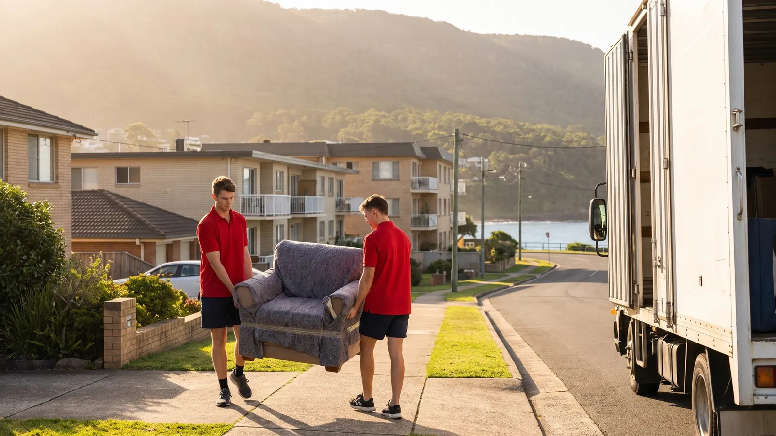 Removalist crew loading a truck on a Wollongong street with the escarpment behind
