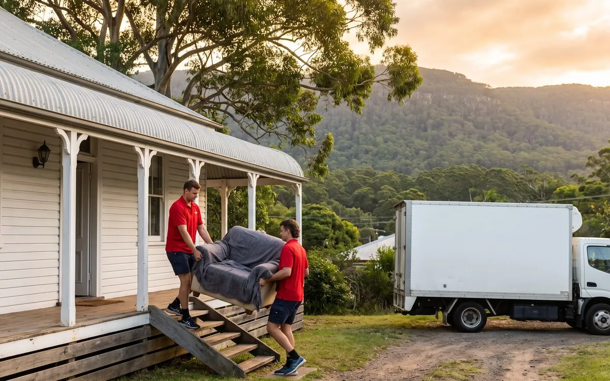 Movers carrying a wrapped armchair from a weatherboard house veranda