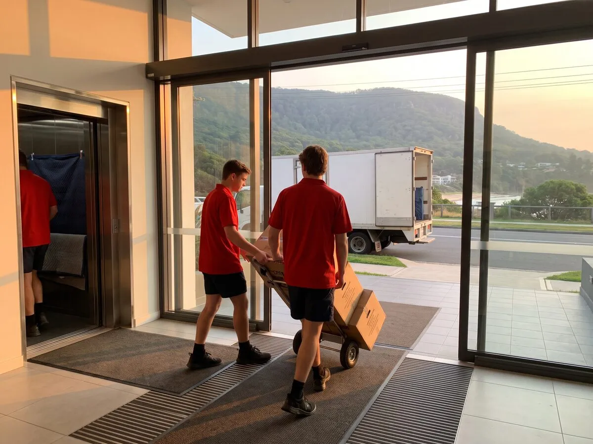 Movers wheeling boxes through an apartment building lobby
