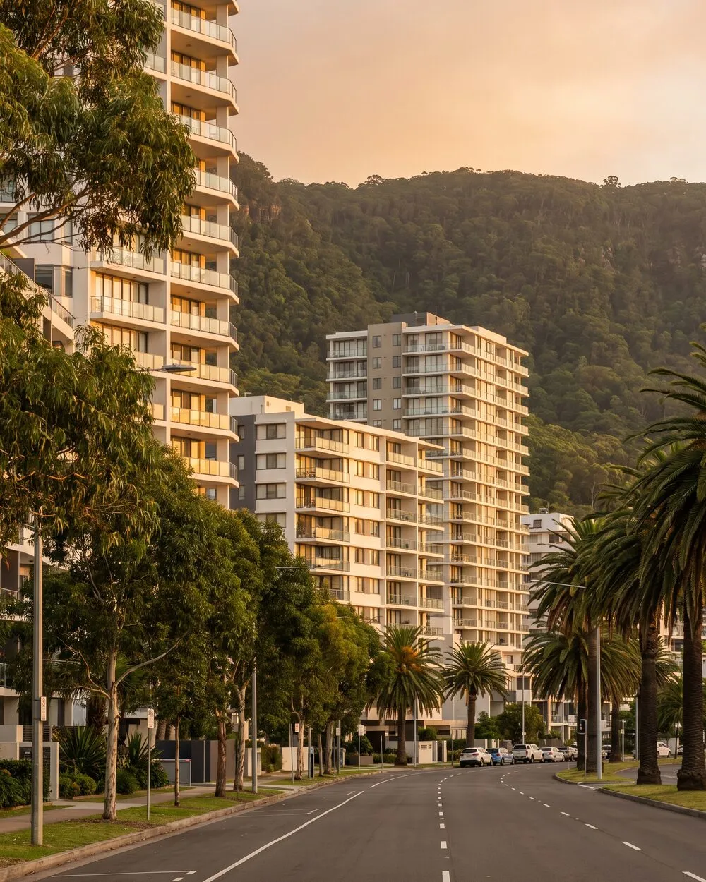 Wollongong city apartment towers against the escarpment